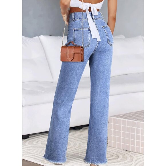 Womens Wide Leg Jeans High Waisted Denim Pants Frayed Hem Trendy Stretchy - Picture 2 of 6
